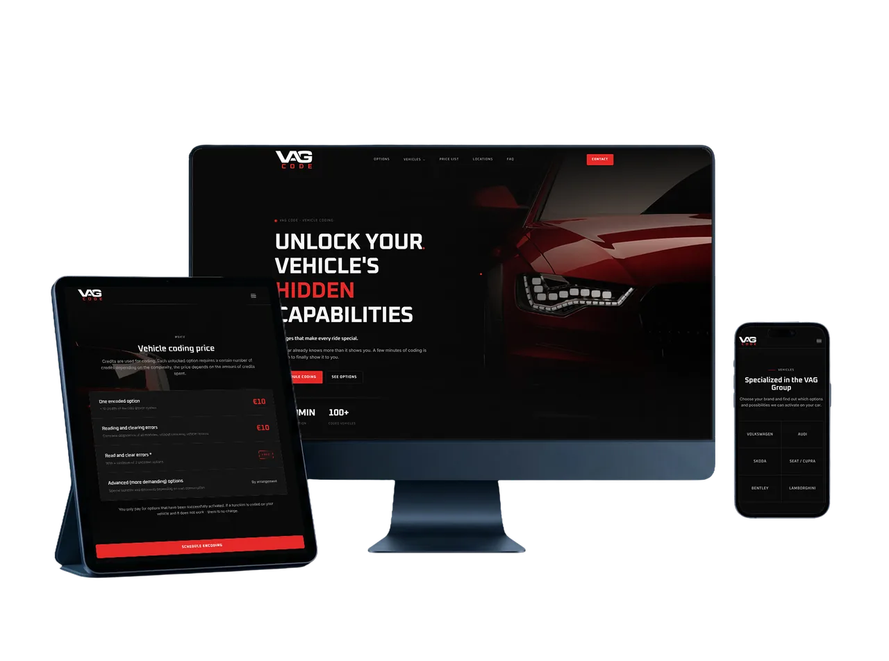 VAG Code website shown on desktop, tablet and phone